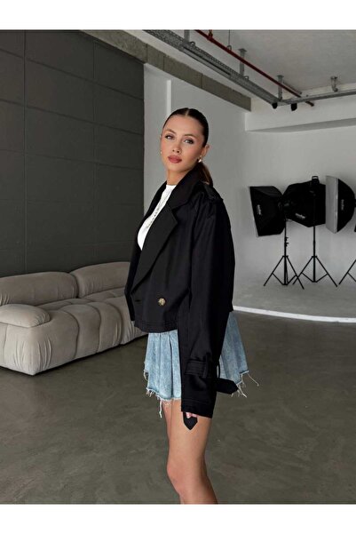 MODA DURAĞI Kruvaze Yaka Kısa Trençkot Kemer Detaylı