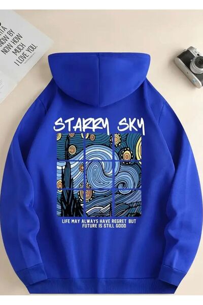 FAYN Van Gogh Yıldızlı Gece Desenli Sırt Baskılı Oversize Basic Unisex Sweatshirt/ Hoodie