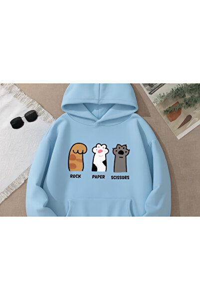 FAYN Kedi Patili Taş Kağıt Makas Baskılı Oversize Unisex Hoodie Sweatshirt