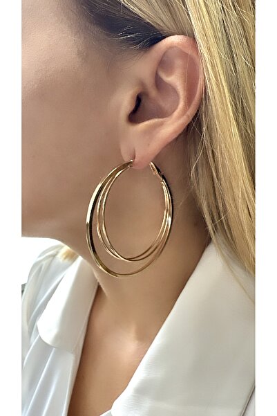 VNS Accessories Üçlü Model Rodyum Kaplama Tasarım Büyük Halka Küpe (6 cm)