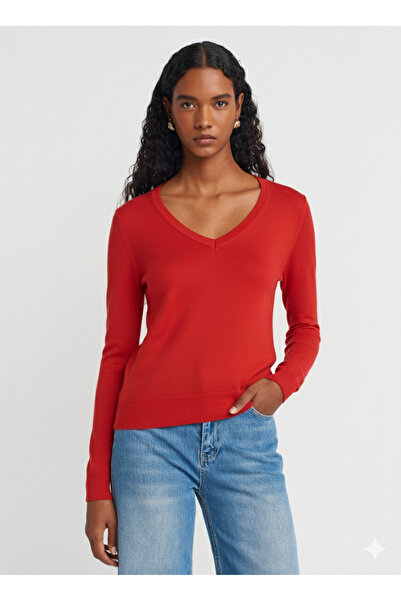 Dilvin 10427 V-Neck Sleeve Slit Sweater-Red