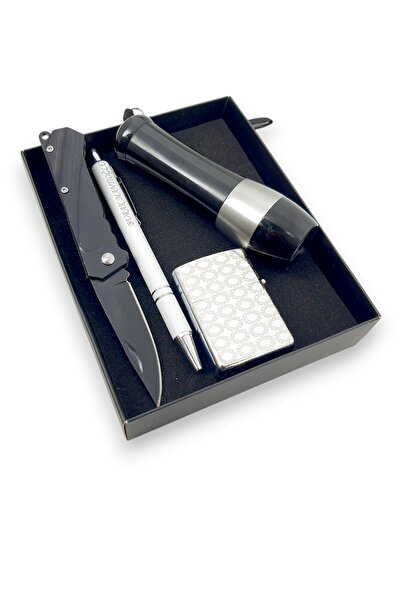 SürLaz 4 Parça Hediyelik Set El Feneri İsme Özel Kalem Desenli Çakmak Ve İsme...