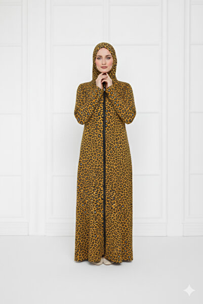 Defkay Tek parça desenlii fermuarlı şallı kadın namaz elbisesi