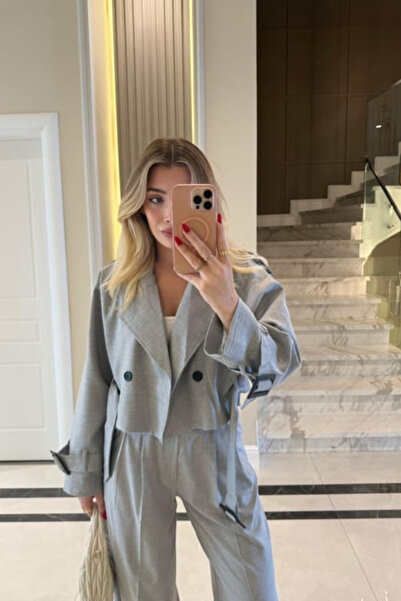 FMN Butik crop kesim kol bel kemer detay kumaş minik çizgi detay tasarım muad...