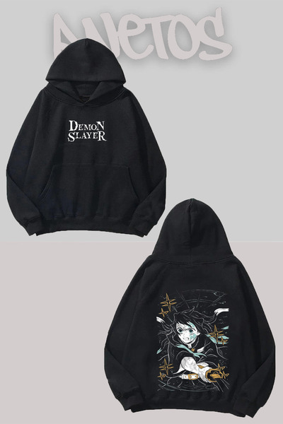 Anetos Demon Slayer 24 Design Negru Față Spate cu imprimeu Swea tricou