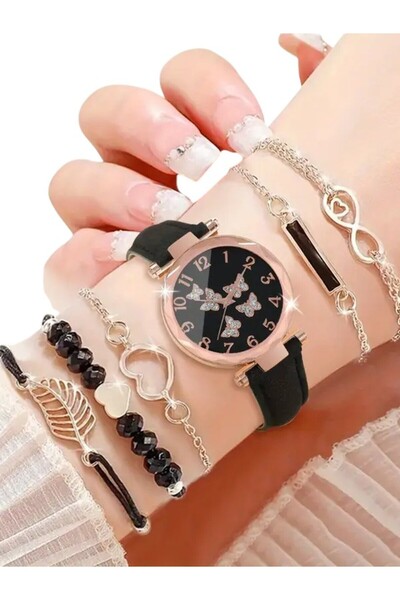 Feronnucci Kadın Kol Saati ve Bileklik Seti - Siyah Rose Gold ST702