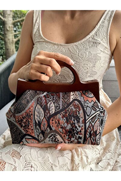 JOPHIEL Penalope Collection - Chain, Wooden Handle Fabric Bag, Clutch, Handbag, Purse