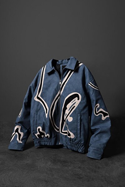 Slatra Чоловіча синя шкіряна куртка на блискавці з вишивкою та підкладкою