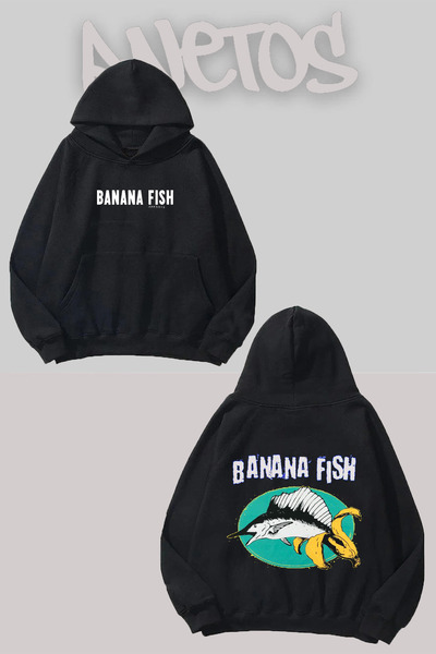 Anetos Banana Fish 9 Design Negru Față Spate cu imprimeu Swea tricou