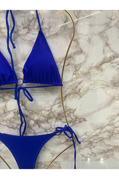 VAJESTO Kadın Mavi Halka Detay String Yandan Ve Boyundan Bağlamalı Şık İpli Tanga Likralı Bikini Takım
