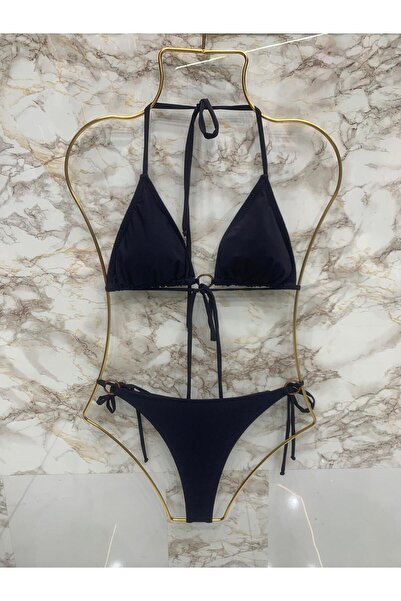 Genel Markalar Kadın Lacivert Halka Detay String Yandan Ve Boyundan Bağlamalı Şık İpli Tanga Likralı Bikini Takım