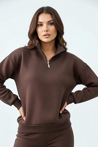 Mogi Butik Γυναικείο φούτερ με 3 κλωστές, με φλις εσωτερικά, με μισό φερμουάρ, oversize 3099