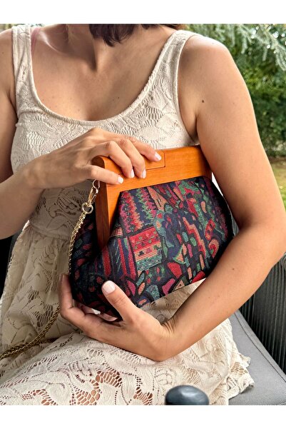 JOPHIEL Penalope Collection - Chain, Wooden Handle Fabric Bag, Clutch, Handbag, Purse