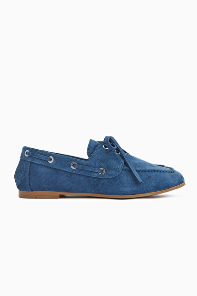 Limoya Arian Genuine Leather Blue Suede Lace-Up Moccasin Casual Loafer Women's Shoes