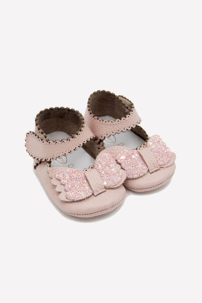 Beybium Baby Girl Velcro Genuine Leather Powder Bow Booties Shoes