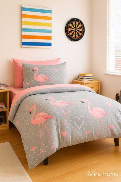 merland benvecocuk Flamingo Patterned Cotton Single Duvet Cover Set