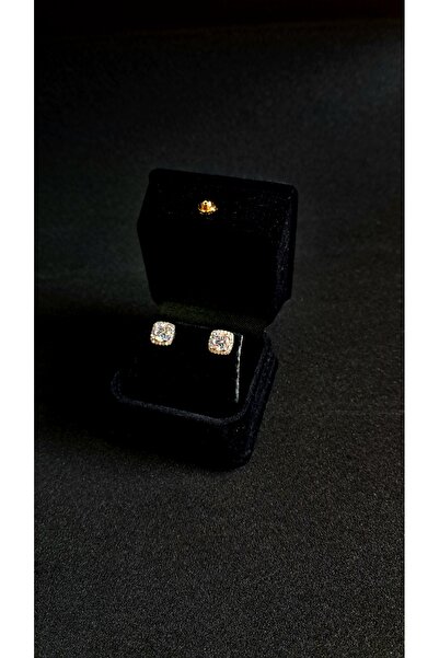 Zarafet Takı Kare Çerçeve Tektaş Beyaz Gümüş Küpe