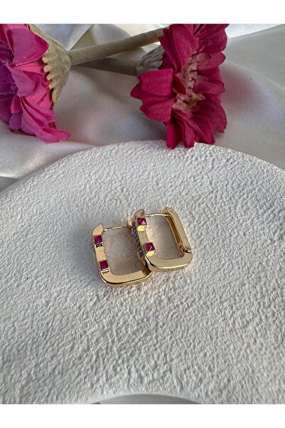 H&S AKSESUAR Zirkon Taşlı Yanları Fuşya Detaylı Altın Kaplama Leyla Küpe