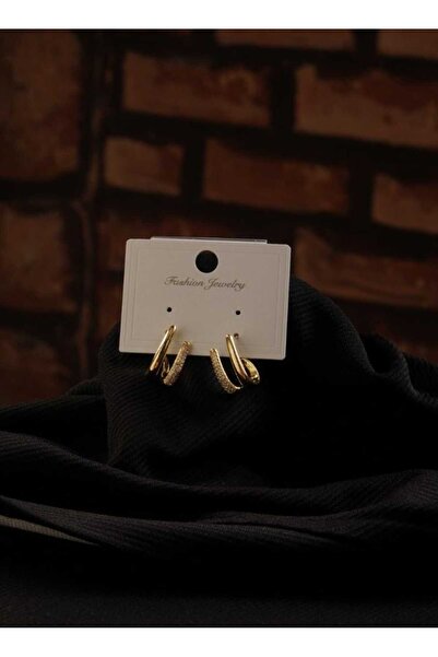 FESA Zirkon Taşlı İkili Halka Görünümlü Küpe Sıralı Modern Küpe