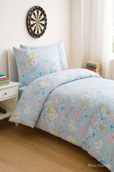 merland benvecocuk Blue Floral Patterned Cotton Single Duvet Cover Set