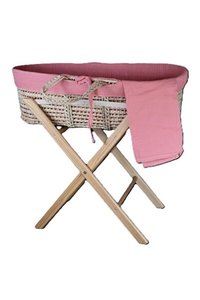 OEM Cosulet din rachita pentru bebelusi, model minimalist, cu suport din lemn de pin natur inclus, roz c