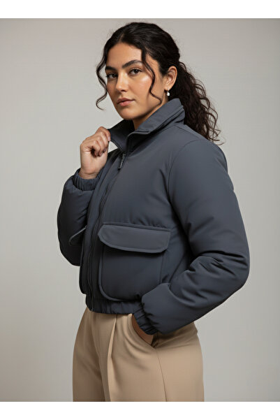 The Mrk Collection Women's Anthracite Double Pocket Zippered Thick Bomber Puf...