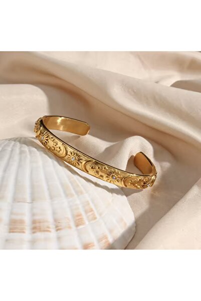 STAİNLES Altın Kaplama 'Aura' Göksel Kelepçe Bilezik (Zirkon Taş Detaylı)