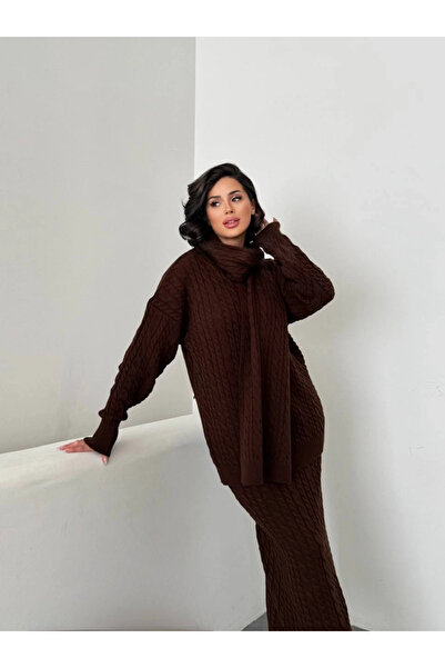 Lusin Women's Bitter Brown Scarf, Braided Skirt, Sweater, Scarf 3-Piece Set
