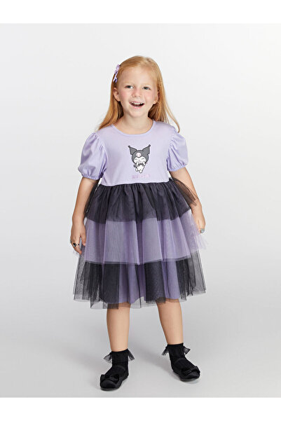 LC Waikiki Lila Balon Kollu Kuromi Baskılı Kız Çocuk Elbise