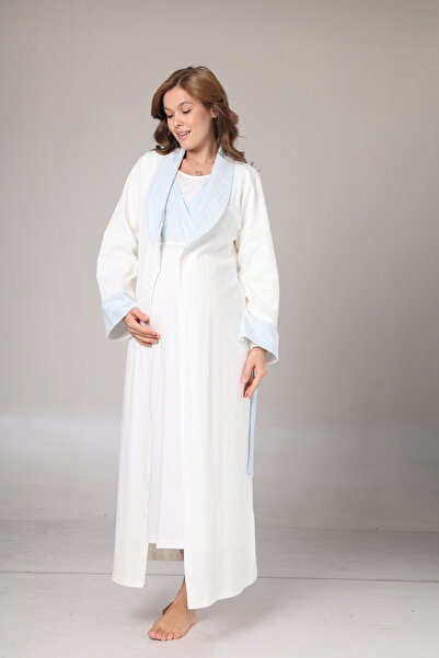 Lohussa Kadın Ekru Jakarlı Şal Yaka Tam Boy Kışlık Uzun Kol Özel Tasarım Lohusa Hamile Sabahlık Gecelik Seti