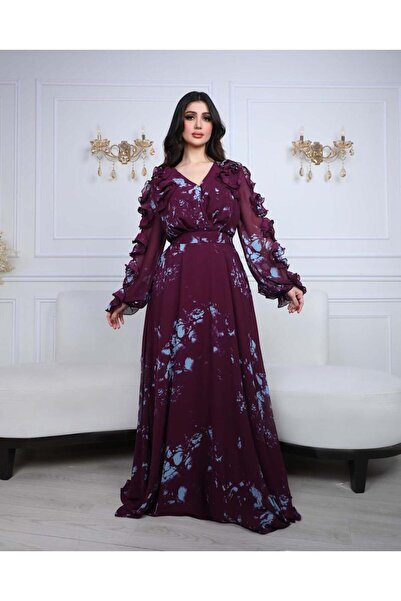 Opera Fashion فستان شيفون مشجر طويل مزيين بالاكمام