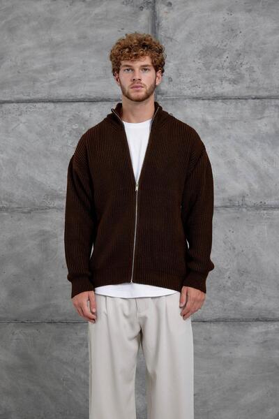 NOMARC Мъжки кафяв пуловер с цип Mrk Oversized
