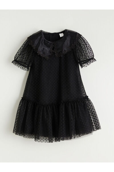LC Waikiki Black Balloon Sleeves Ruffled Girls' Dress