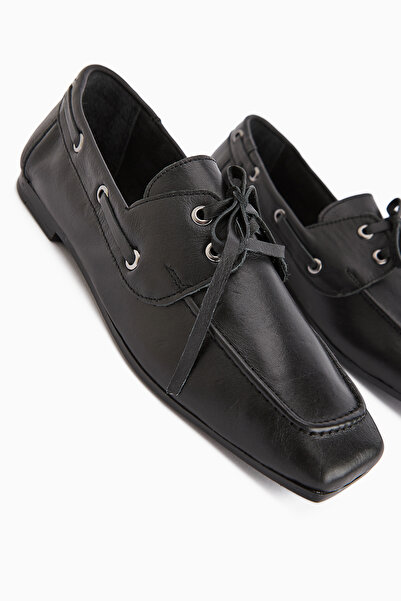 Limoya Arian Hakiki Deri Siyah Bağcıklı Makosen Günlük Loafer Kadın Ayakkabı