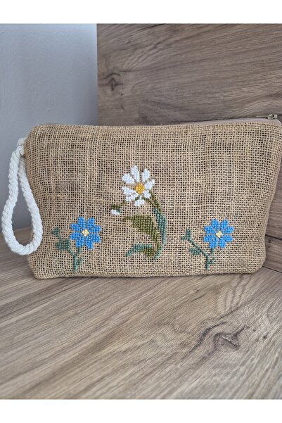Handream çuval bezi mavi/beyaz etamin çiçek nakışlı/astarlı el çantası