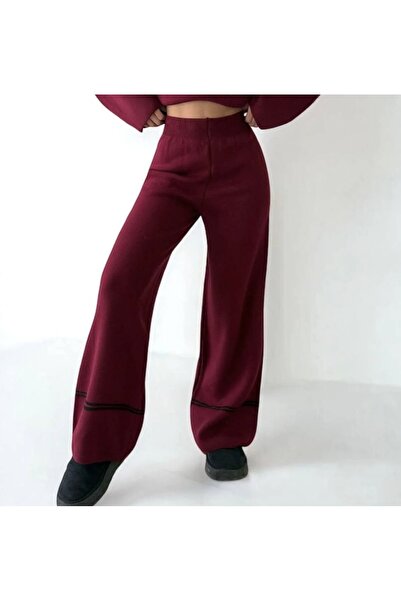 AFA COLLECTION بنطلون نسائي تريكو بخصر مطاطي باللون العنابي مع تفاصيل خطوط سفلية