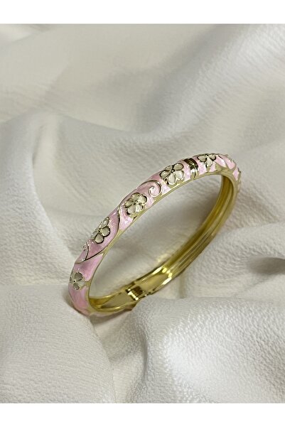 Çelik Lucky Store Açık Pembe Mineli Çiçekli Kelepçe Bilezik