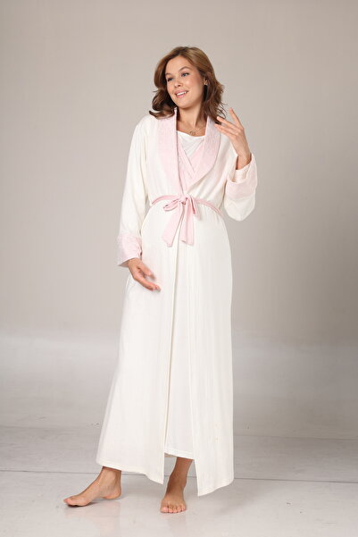 Lohussa Kadın Pudra Şal Yaka Jakarlı Tam Boy Kışlık Uzun Kol Özel Tasarım Lohusa Hamile Sabahlık GecelikSeti