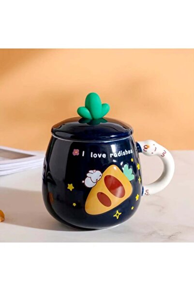 Two Two HAVUÇ DESENLİ KAŞIKLI KAPAKLI SERAMİK KUPA BARDAK MUG RENKLİ KALİTELİ HEDİYELİK DOĞUM GÜNÜ ARKADAŞ