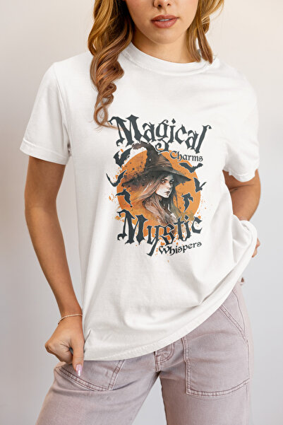 MAGORS تي شيرت نسائي وطفيلي من القطن بياقة دائرية وطباعة موسيقية سحرية لهالوين