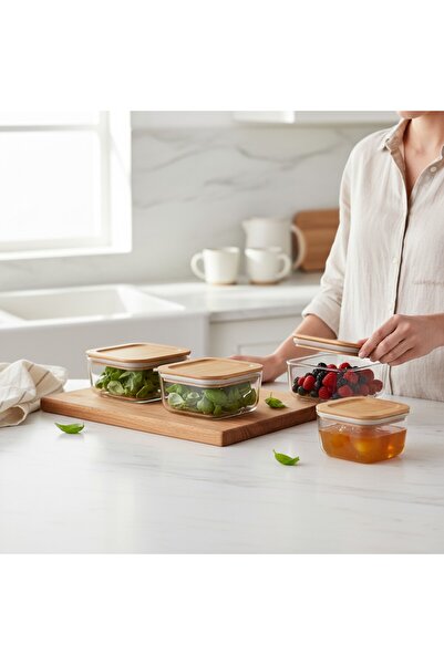 zezedesing Rectangular Bamboo Lid Vacuum Glass Breakfast and Storage Container (4 Pieces)