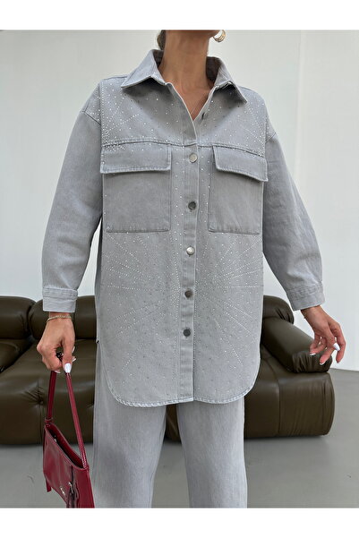 MİA NOURA Women's Denim Fabric Shirt with Stone Detail on the Front