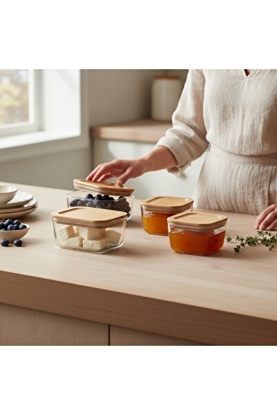 zezedesing Rectangular Bamboo Lid Vacuum Glass Breakfast and Storage Container (4 Pieces)