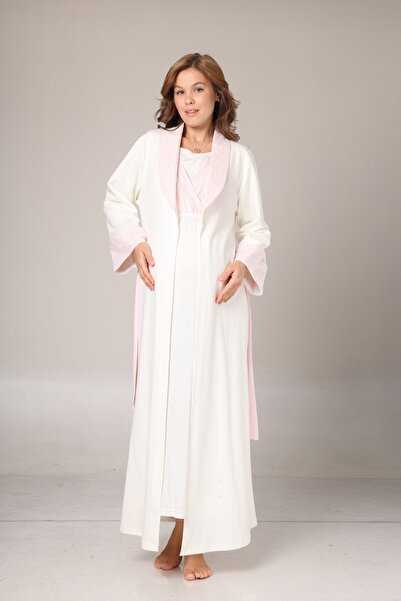 Lohussa Kadın Pudra Şal Yaka Jakarlı Tam Boy Kışlık Uzun Kol Özel Tasarım Lohusa Hamile Sabahlık GecelikSeti