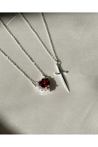 STAİNLES Wound and Healing' Ruby Heart and Dagger Double Necklace