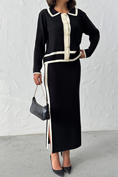 Lusin Women's Black Stylish Pearl Button Detailed Cardigan Skirt Bottom Top Knitwear Set