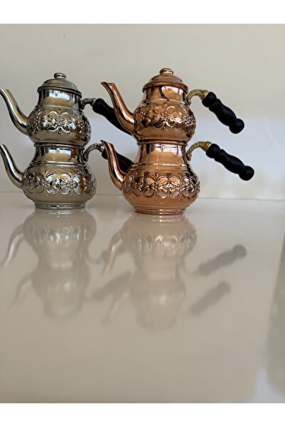 Erişim Bakırhanem طقم إبريق شاي نحاسي صغير من سيب هوم باللون الأحمر والفضي