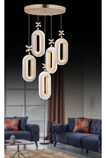 Akgül 5'li Gold Kaplama Sarkıt Led Salon Avize 3 Renk Ledli