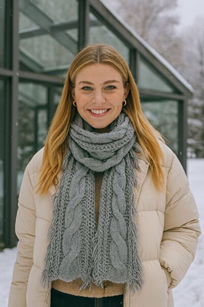 Axesoire 14810 Saçaklı Geniş Örgülü Gri Yumuşak Dokulu Triko Atkı 30x180 cm