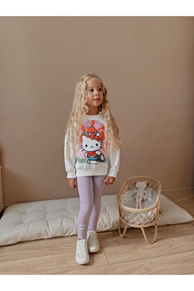 Kids Beyaz Sweatshirt Baskılı Mor Taytlı Takım